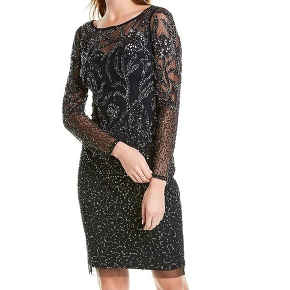Adrianna Papell Long Sleeve Sequined Beaded Mesh Dress-Midnight Short - Picture 2 of 10